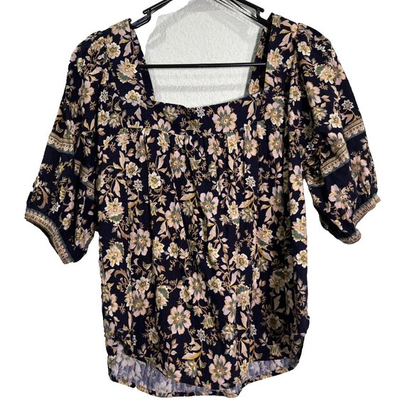 Roan & Ryan Top Womens Sz S Black Floral Peasant Cottage Flutter Sleeve Pleated - Picture 1 of 7